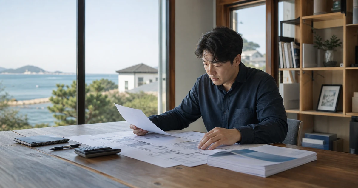 전남 관광숙박시설 운영자가 사무공간에서 건축도면과 재무자료를 함께 검토하는 모습
