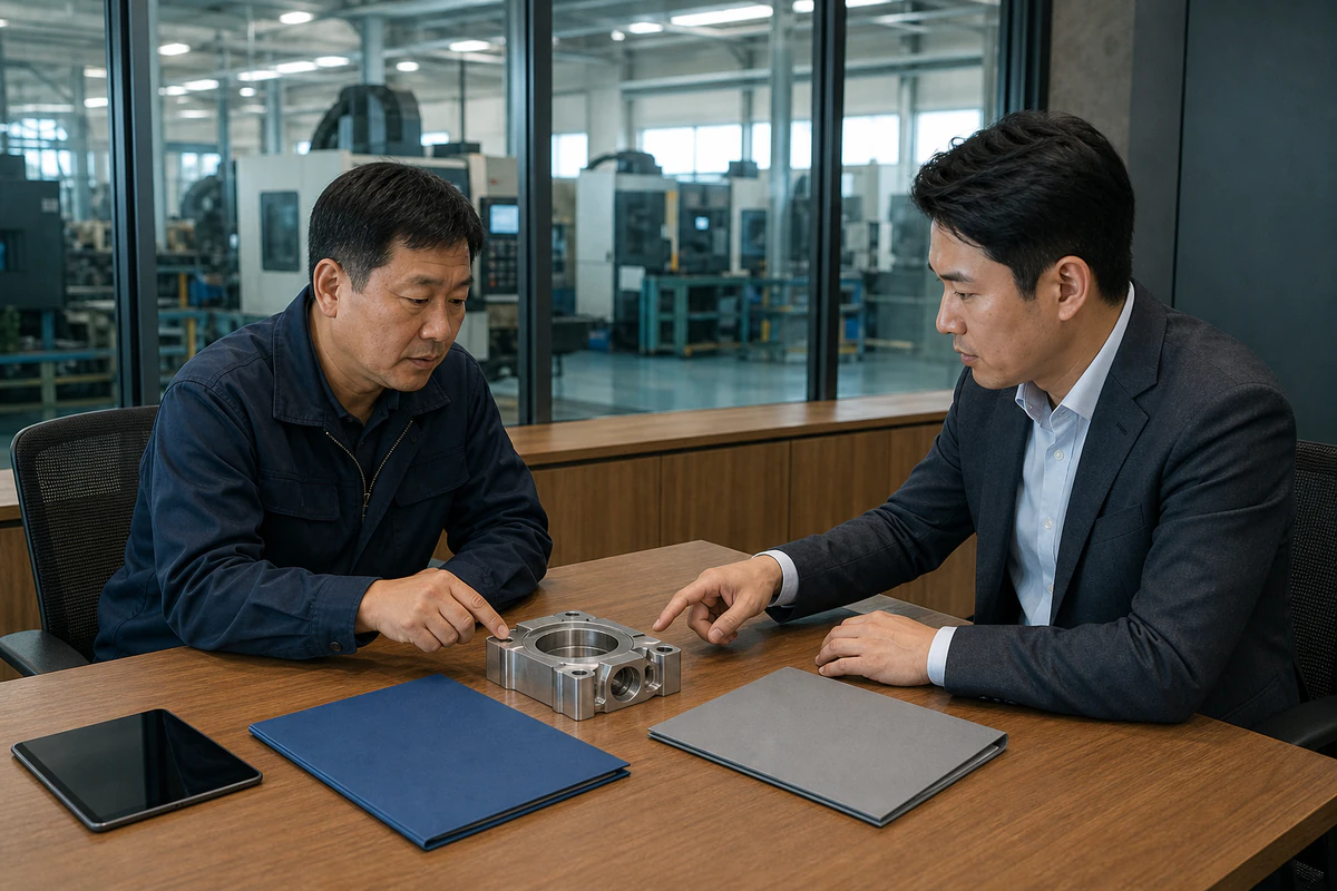 제조기업 대표와 상담자가 공장 회의실에서 금속 부품과 자료철을 확인하는 모습