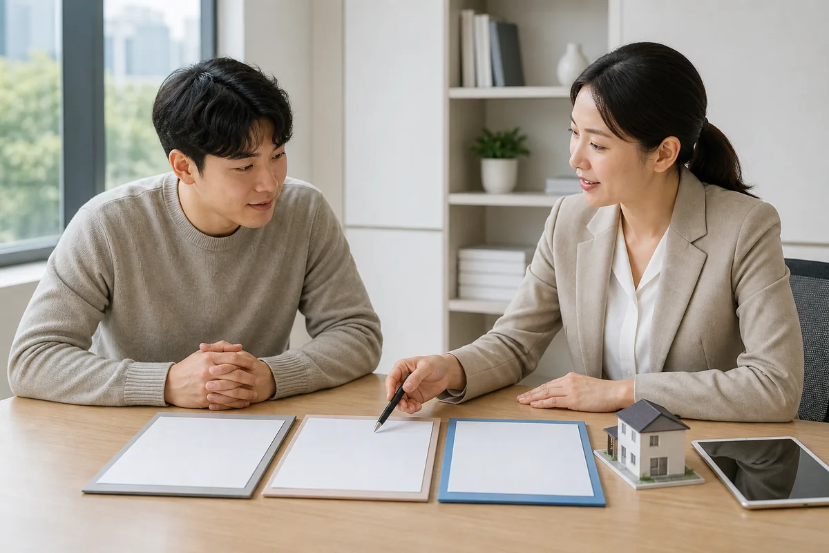 임차인과 상담 담당자가 집 모형 옆에서 세 개의 전세대출 서류첩을 비교하는 모습