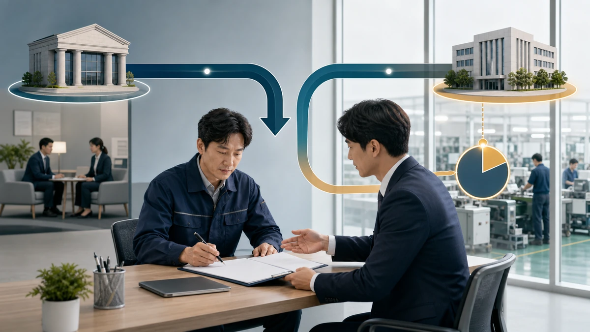 화성시 중소기업이 은행 운전자금 융자와 이자 지원 구조를 상담하는 모습