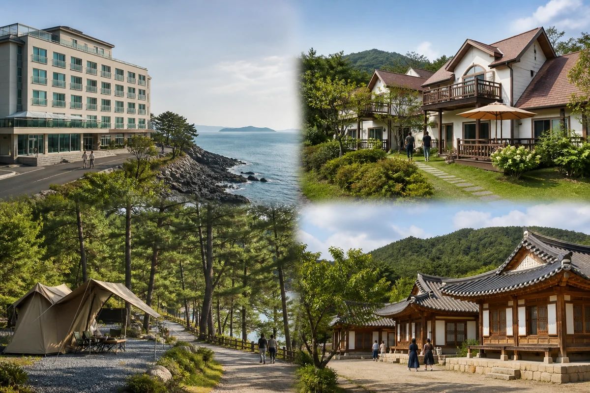 관광호텔과 펜션 및 야영장과 한옥체험 공간을 함께 보여주는 전남 관광 환경