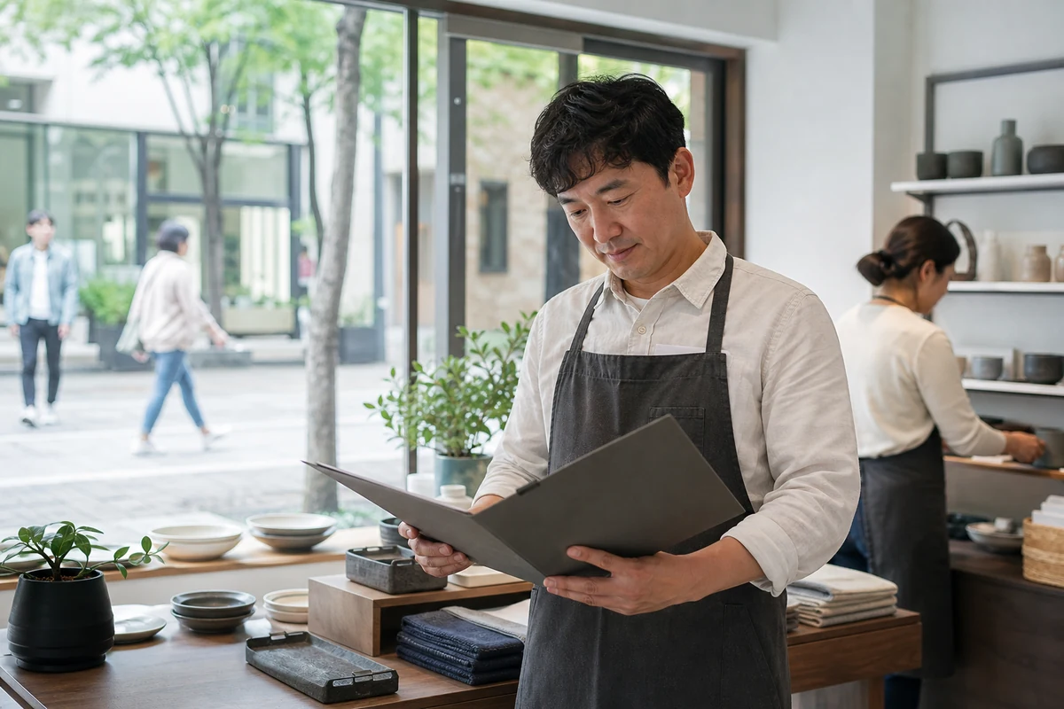 영업 중인 소규모 매장에서 사업자가 사업현황 서류를 살펴보는 모습