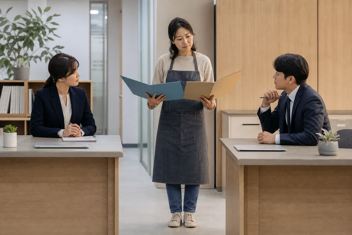 제조업 사업자가 여러 자금별 서류철을 비교하는 모습