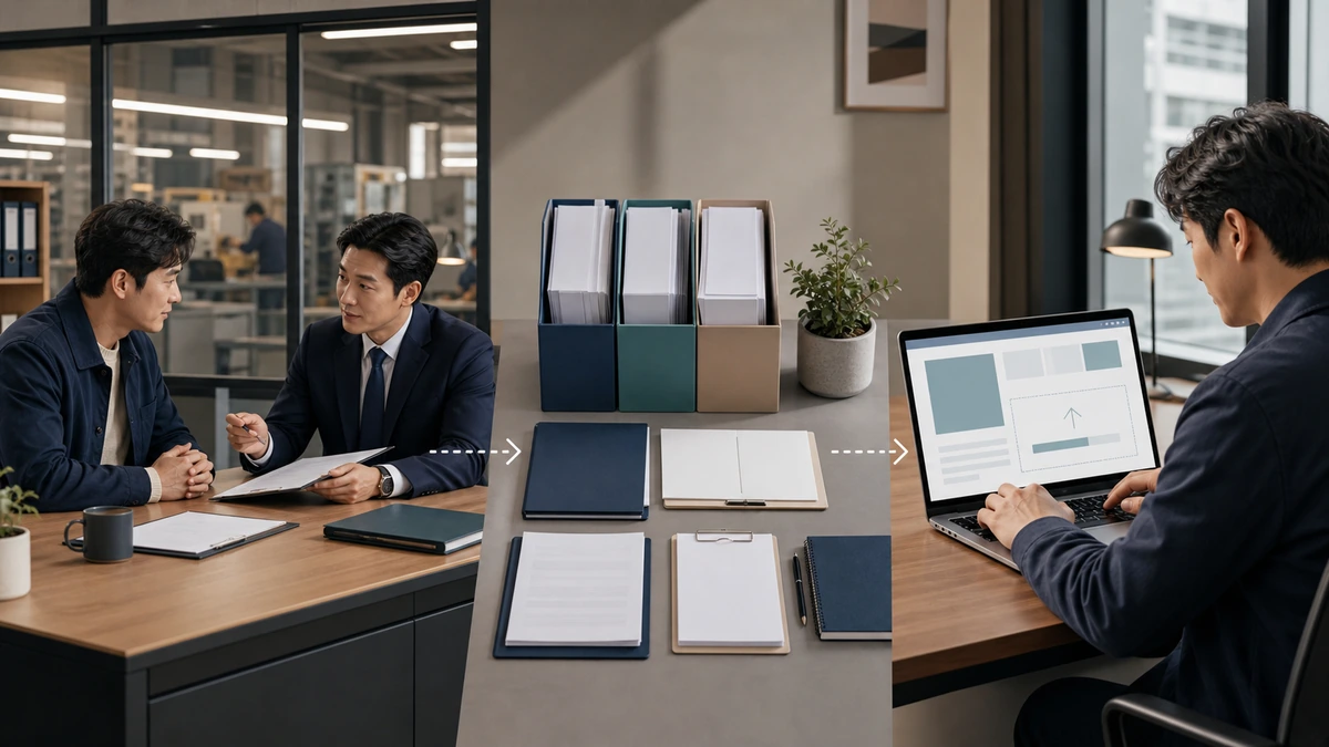 중소기업 담당자가 은행 상담 후 온라인 운전자금 신청을 준비하는 모습