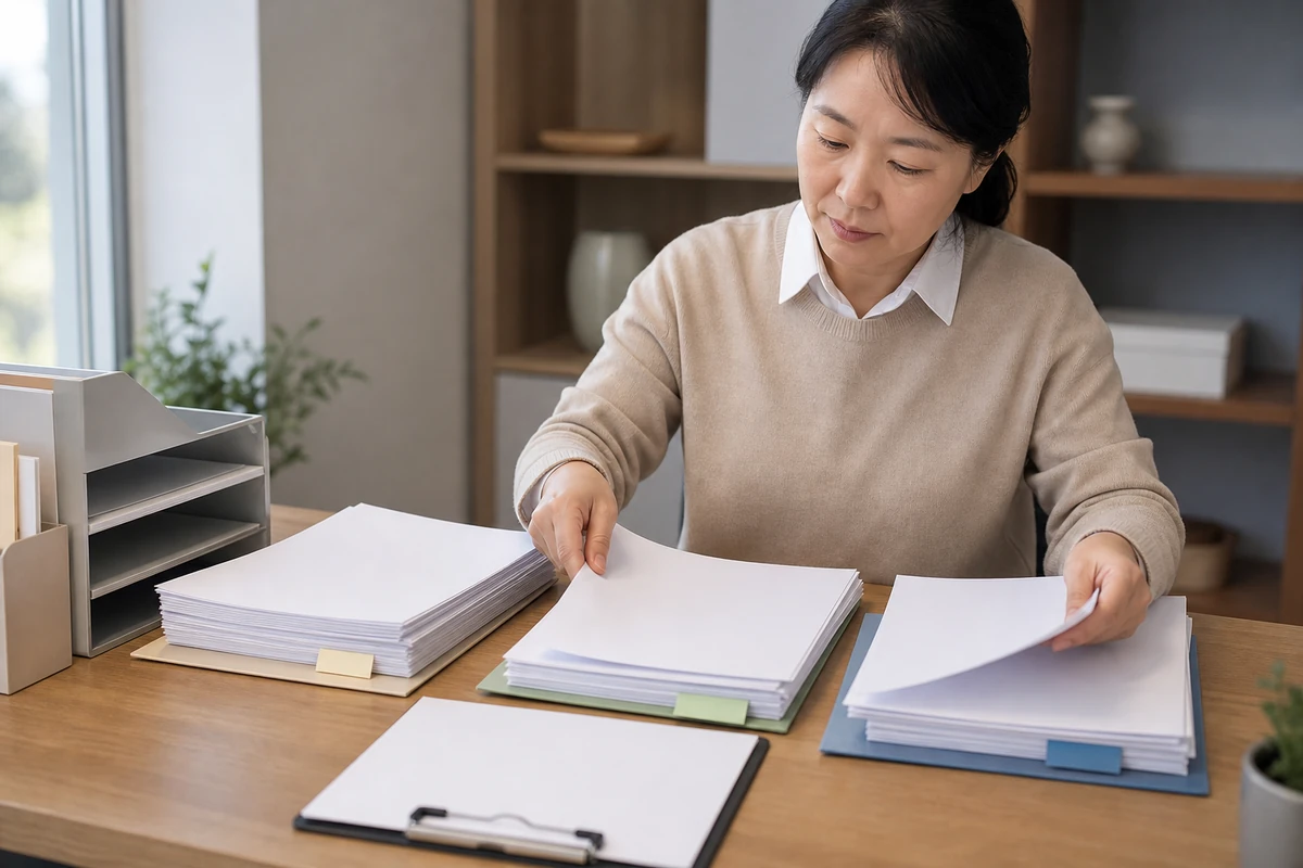 관광사업 실무자가 토지계약과 시설비 및 운영비 자료를 분류해 제외항목을 확인하는 모습