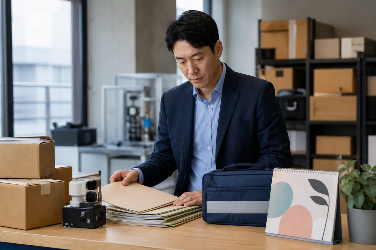 기업 관리자가 수출 포장품과 스마트공장 부품 옆에서 여러 목적별 사업자료를 분류하는 모습