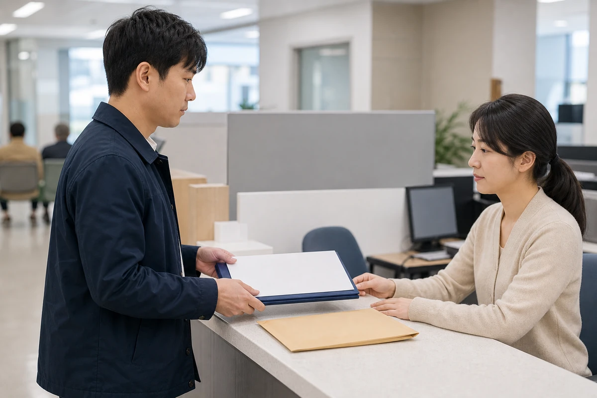 공공 민원공간에서 관광사업자가 서류철과 우편봉투를 준비해 접수하려는 모습