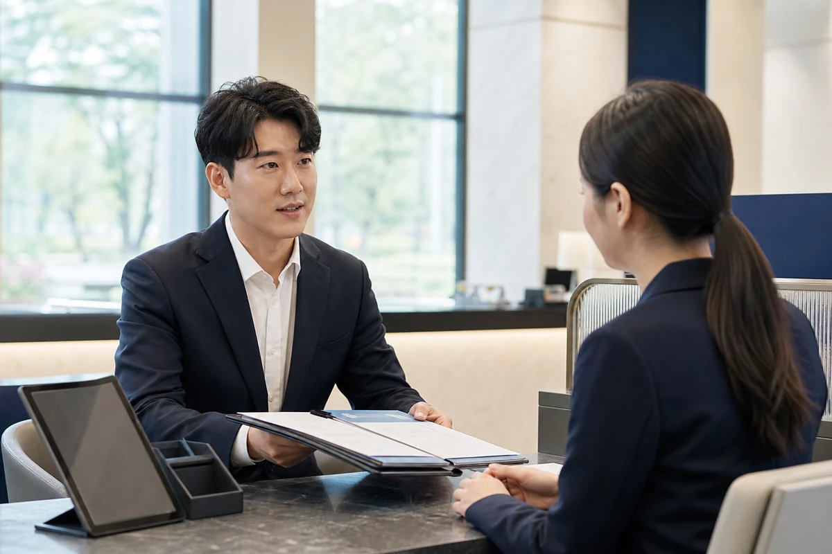 사업자 대표가 정리한 서류철을 들고 은행 상담창구에서 접수 절차를 확인하는 모습