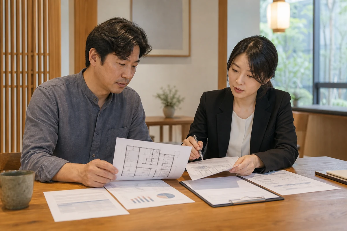 숙박업 대표와 컨설턴트가 건축도면과 견적서 및 재무자료를 정돈하는 모습
