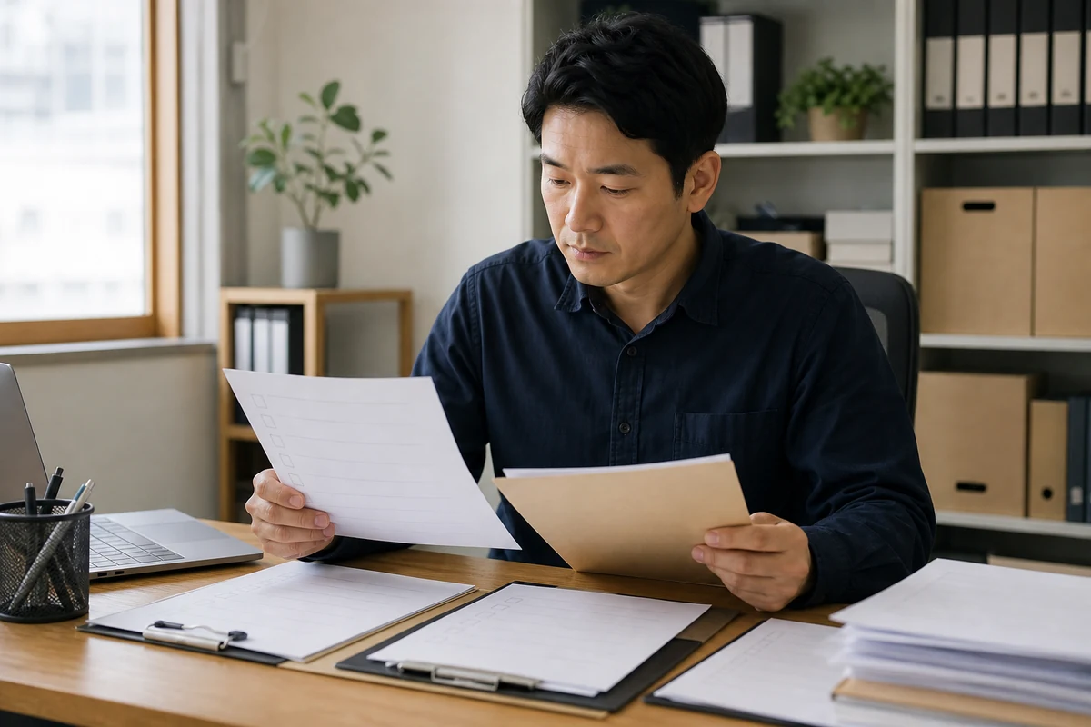 소상공인과 상담자가 계산기와 상환 일정 자료를 함께 확인하는 모습