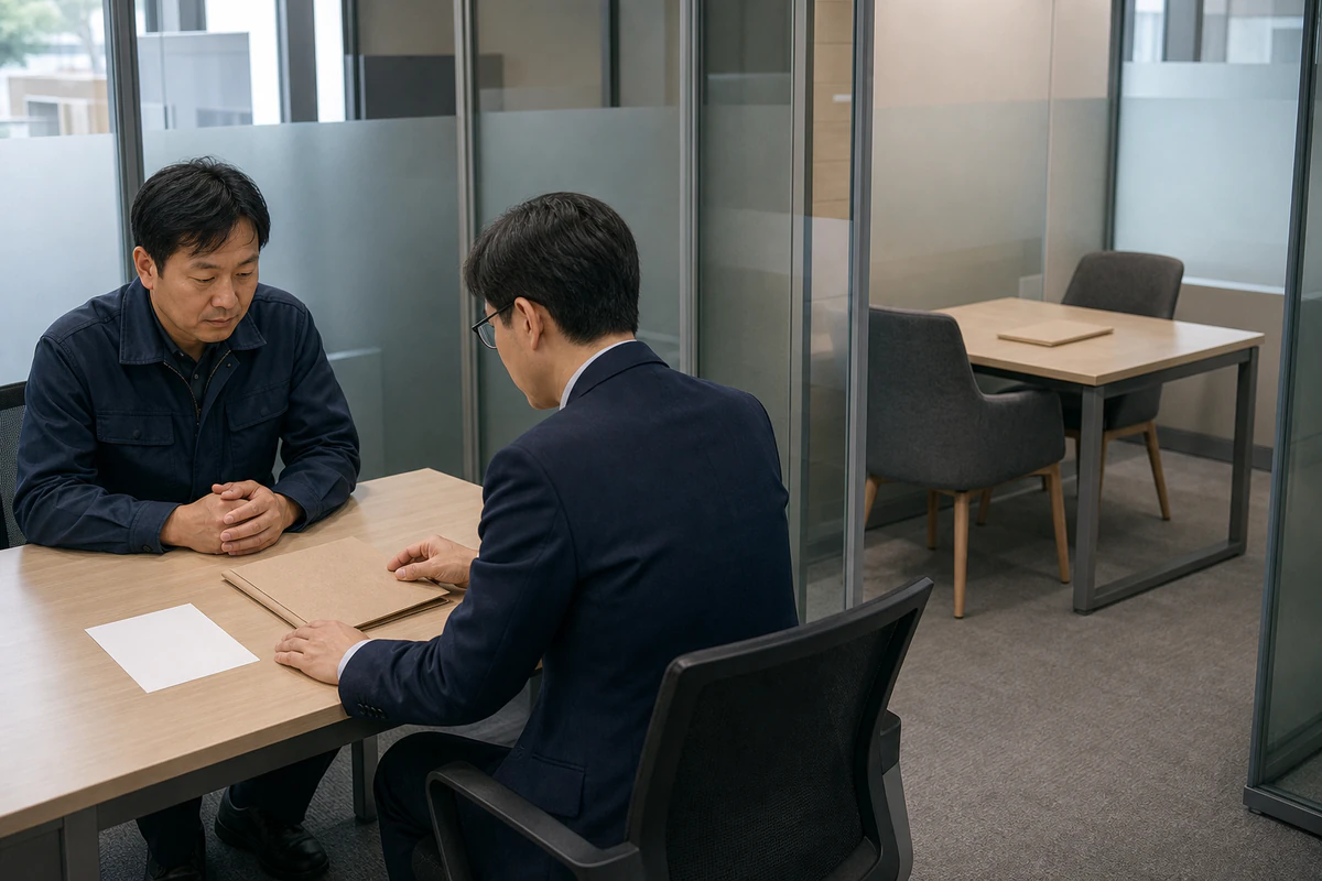 제조기업 대표가 회의실에서 정장 차림의 상담자와 서류를 확인하는 모습