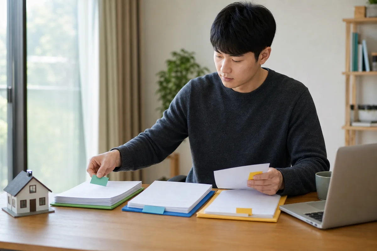 임차인이 전세대출 대환에 필요한 계약·소득·기존대출 서류를 분류하는 모습