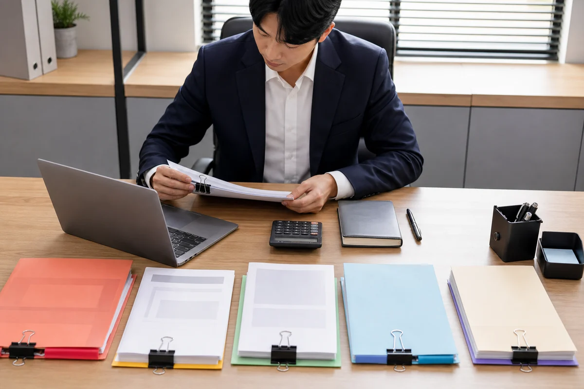 사업자의 손이 신청서와 사업계획서 및 재무 증빙을 순서대로 정리하는 모습