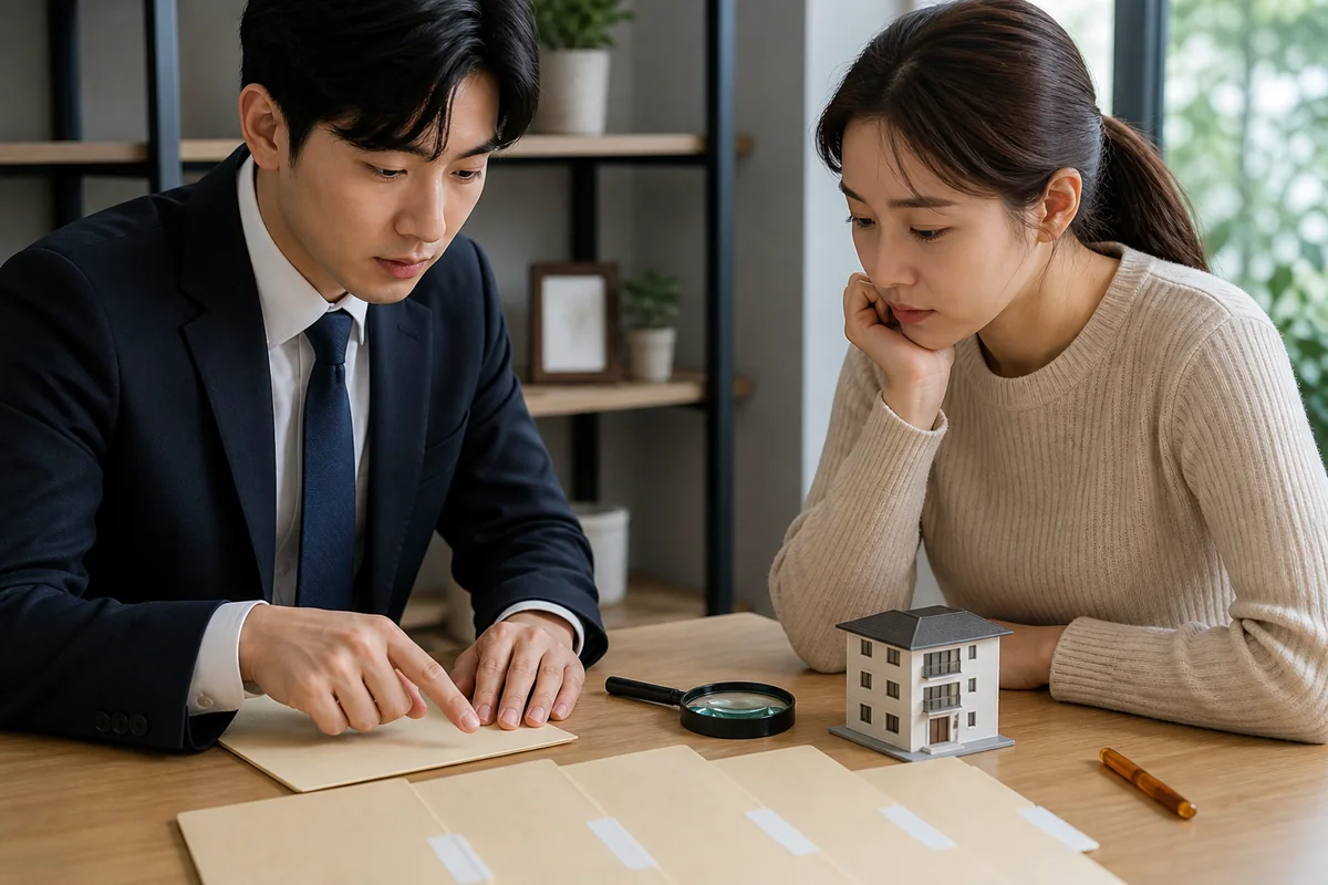 상담 담당자와 임차인이 돋보기·집 모형·계약 자료로 대출 제한요소를 확인하는 모습