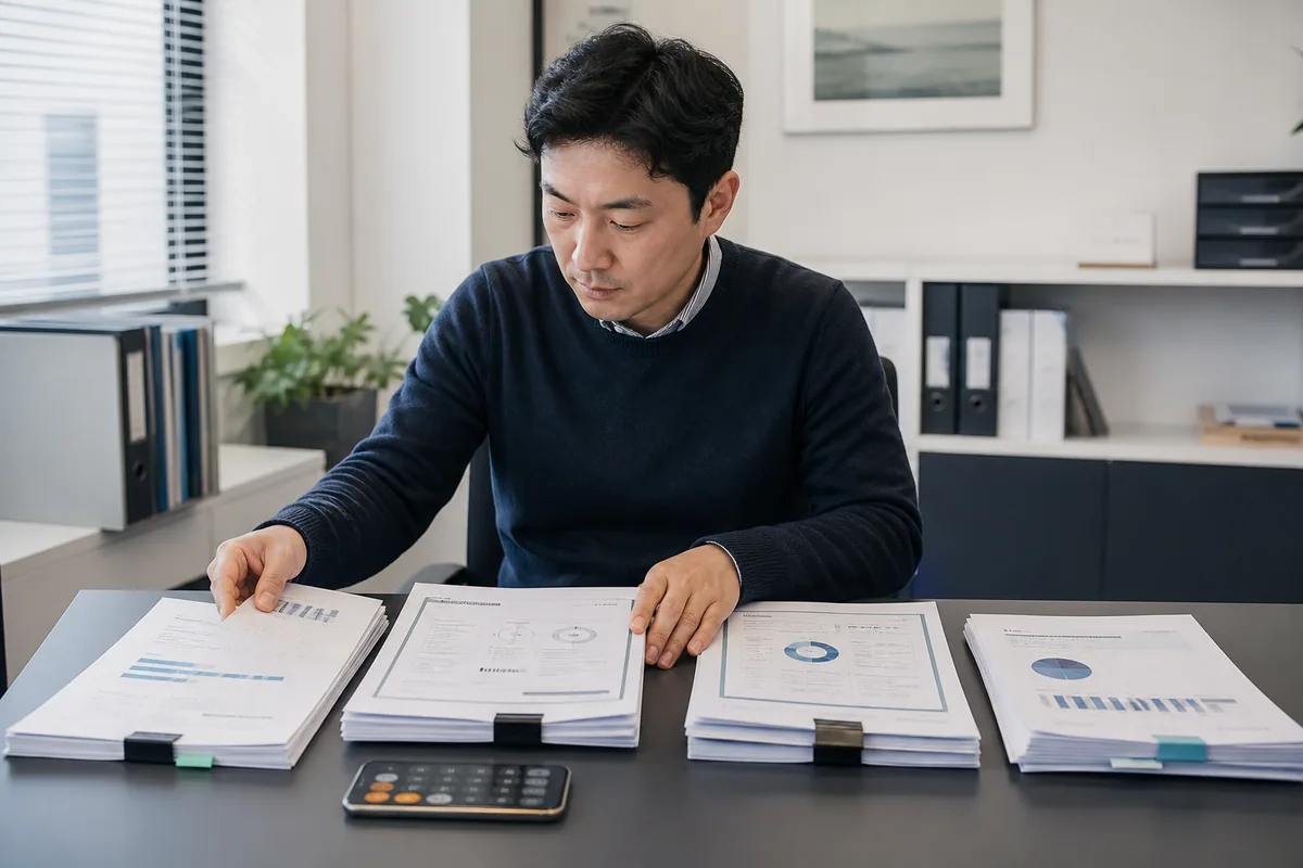 소상공인이 매출장부와 임차료, 사업자서류, 자금사용계획을 정리하는 모습