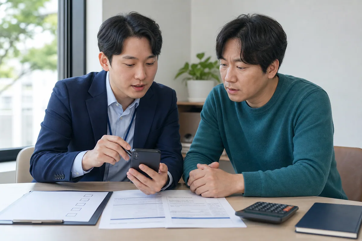 상담자와 이용자가 스마트폰 청구서와 보안 체크리스트를 함께 확인하는 모습