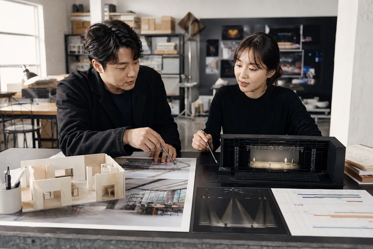 예술사업자와 상담 담당자가 창작 스튜디오에서 노트북과 신청자료로 상담하는 모습