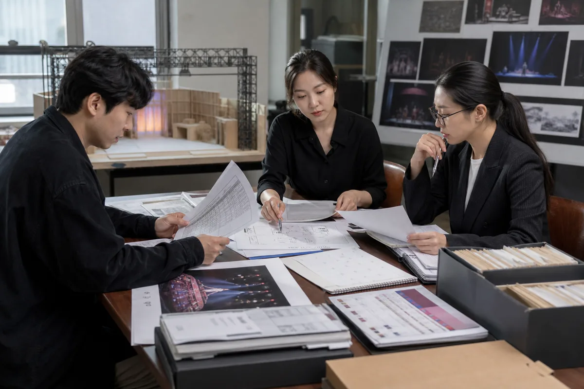 공연예술 기획팀이 무대 모형 옆에서 기술사업계획서와 예산 및 실적 자료를 함께 정리하는 모습