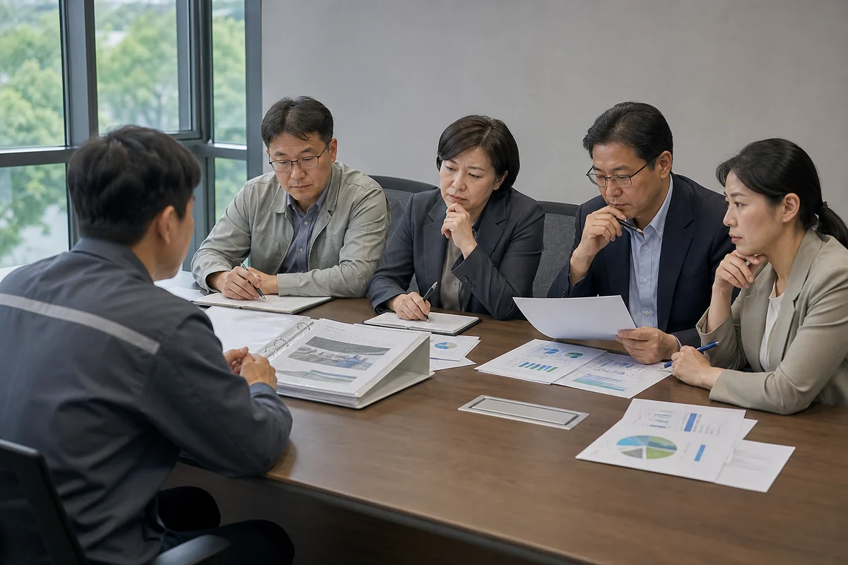 중소기업 대표와 엔지니어 및 재무 전문가가 여러 단계의 심사자료를 순서대로 검토하는 모습