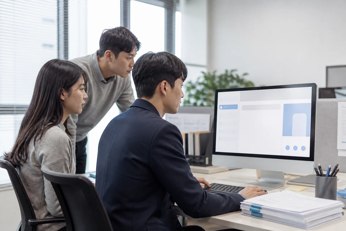 중소기업 실무팀이 온라인 신청 화면과 준비서류를 확인하며 지원사업을 접수하는 모습