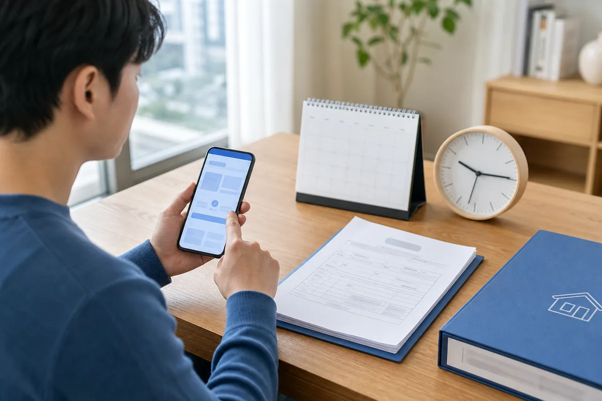 임차인이 달력과 체크리스트를 보며 계약 전부터 입주 후까지의 전세대출 일정을 점검하는 모습