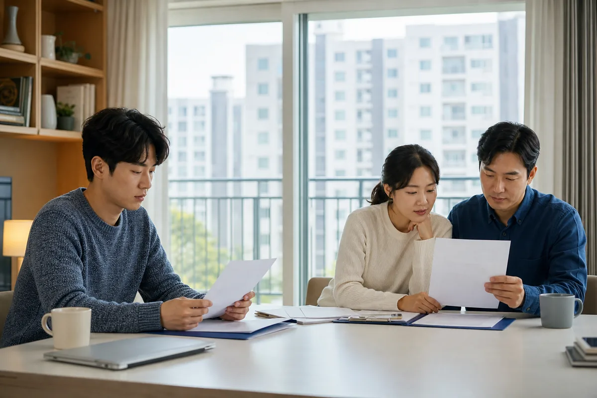 한국인 청년과 부부가 각각 재직·소득·가구 서류를 확인하는 모습