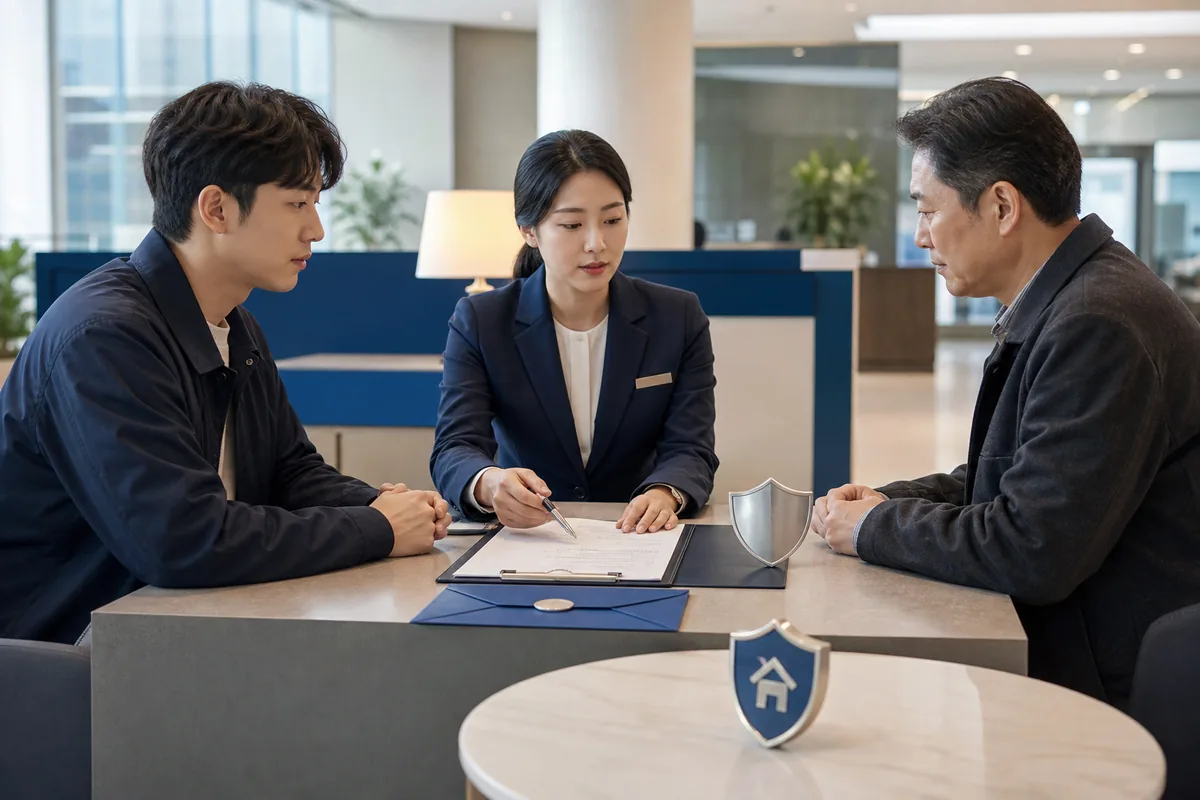 은행 창구에서 한국인 임차인과 직원, 임대인이 계약 문서와 보증 절차를 확인하는 모습