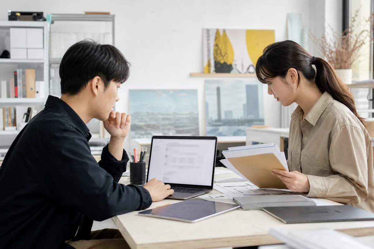 예술기업 실무자 두 명이 창작 스튜디오에서 노트북과 첨부서류로 온라인 신청을 준비하는 모습