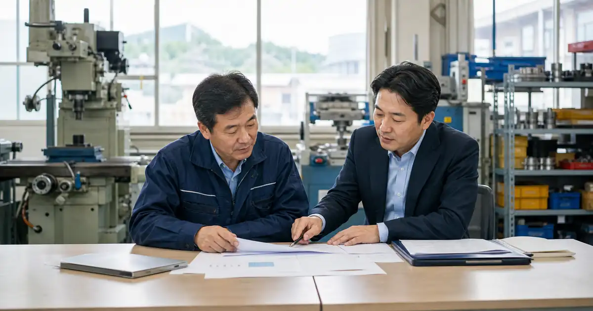 군산 제조기업 대표와 상담 담당자가 운전자금 대출과 설비자금 계획을 검토하는 모습