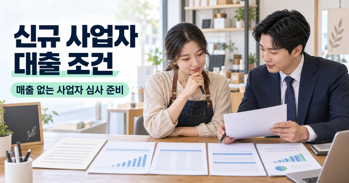 신규 개인사업자와 상담자가 매출자료와 사업자대출 준비서류를 검토하는 모습
