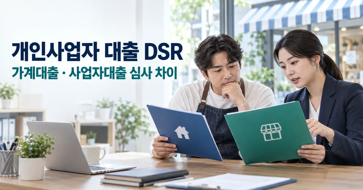 개인사업자와 상담자가 가계대출 및 사업자대출의 DSR 심사 차이를 비교하는 모습