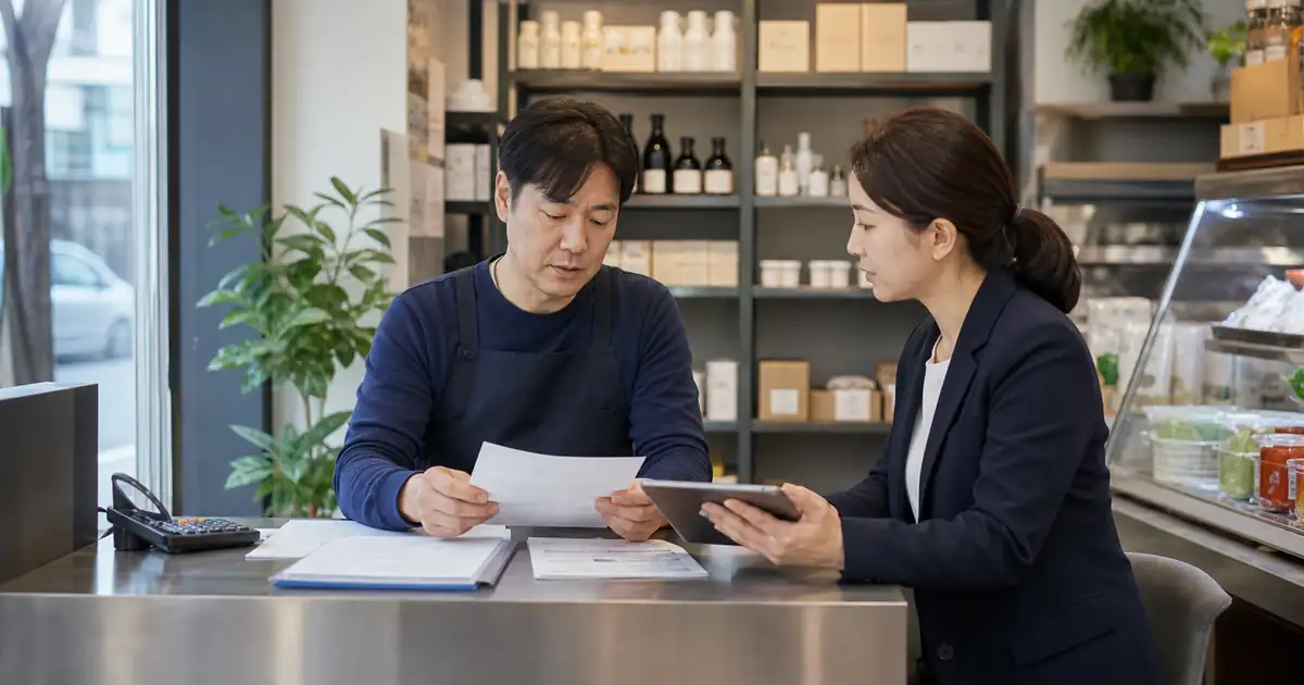 울산 소상공인이 매장에서 상담 담당자와 운영자금 대출 서류를 확인하는 모습